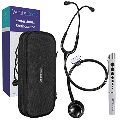White Coat Dual Head Stethoscope, Lightweight and Acoustical with Protective Case Jet Black Plus LED Pen Light Pupil Gauge