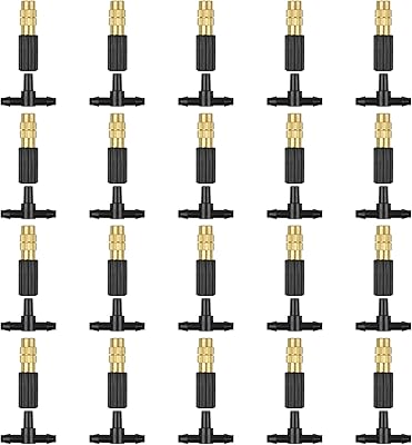 40PCS Brass Misting Nozzles, Kalolary Adjustable Copper Atomizing Nozzle with Barbed Tee Connector 47mm Hose Tube Micro Nozzle Drip Irrigation Sprayer Garden Cooling System Equipment for Lawn